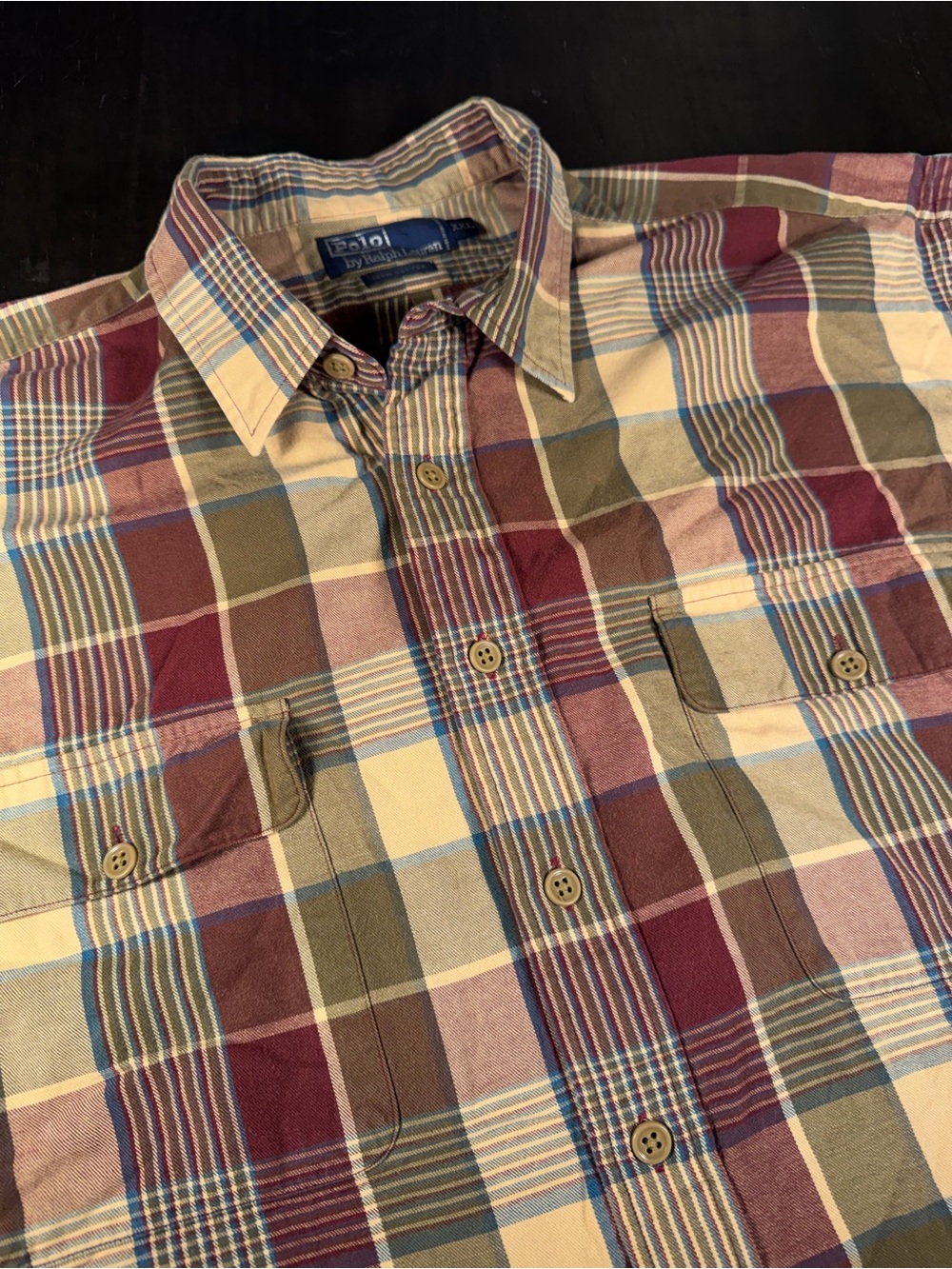 Vintage Polo Ralph Lauren Plaid Shirt XXL Double Pocket Burgundy Tan